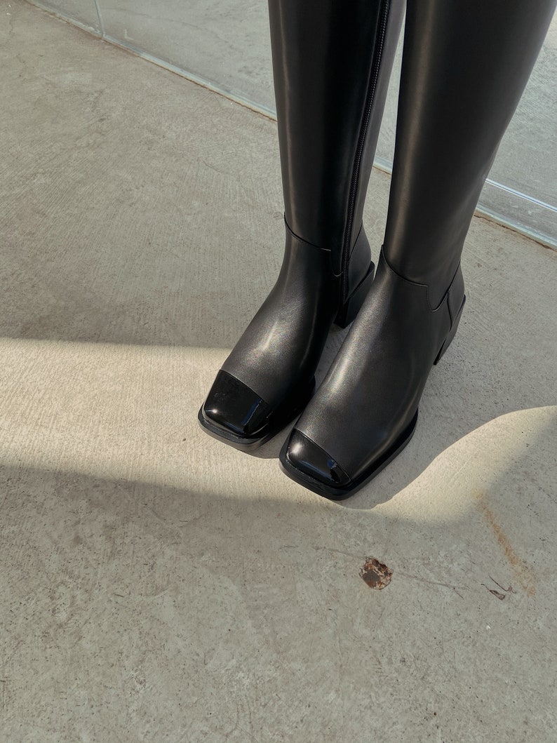 Malèna | Women's Asymmetric Square Toe Black Leather Boots | Medieval Knight Boots | Winter Knee High Boots for Woman | Black Riding Boots image 2