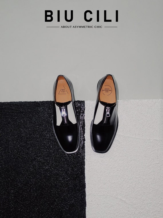 Annie Hall | Women's Asymmetric Leather Loafer Shoes in Black and White | Aesthetic Loafer Flats | Vintage Style Slip On Shoes for Women