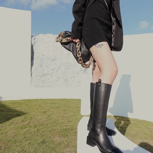 Malèna | Women's Asymmetric Square Toe Black Leather Boots | Medieval Knight Boots | Winter Knee High Boots for Woman | Black Riding Boots image 9