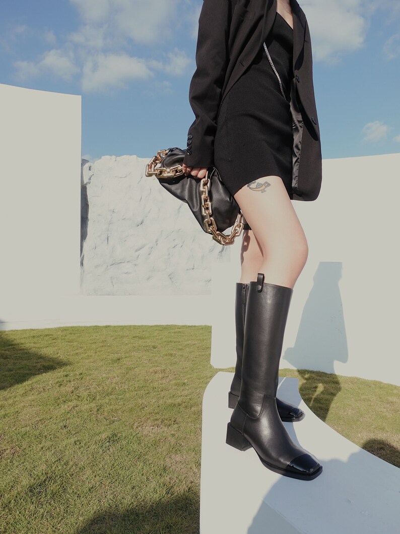 Malèna | Women's Asymmetric Square Toe Black Leather Boots | Medieval Knight Boots | Winter Knee High Boots for Woman | Black Riding Boots image 9