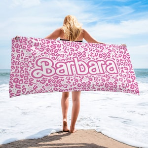 Personalized  Barbi Name Beach Towel, Custom Pink Tiger Design Bath Pool Towel, Vacation Anniversary Birthday Towel, Gift for Daughter Girl