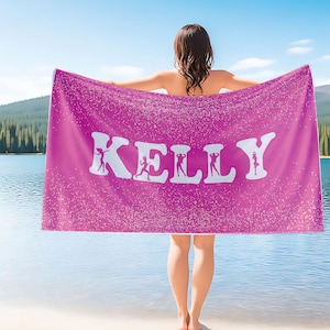 Personalized Name Beach Towel - 60x30 Inches, Grey Glitter Pink Watercolor Design, Microfiber For Pool, Travel, Yoga