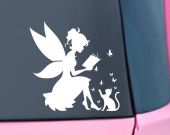 Fairy Reading to Cat Vinyl Decal: Whimsical Bookish Laptop Sticker