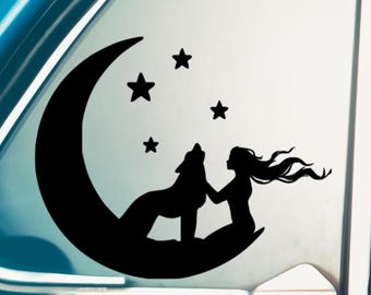 Woman and Wolf Crescent Moon Decal: Mystical Goddess Vinyl Sticker