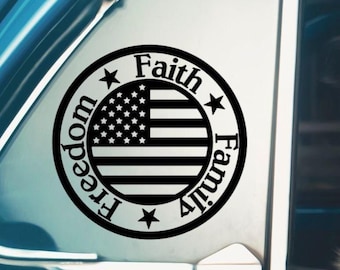 Patriotic American Flag Decal: Freedom, Family, Faith Vinyl Sticker - Gift For Dad