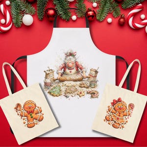 Mrs Claus Christmas Apron or Gingerbread Tote Bag, Holiday Baking Gift, Christmas Cookie Baker Gift, Whimsical Kitchen Gift
