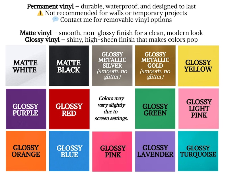 Puede incluir: Una carta de colores que muestra varias opciones de vinilo. La carta muestra muestras de vinilo mate y brillante en colores como blanco, negro, plata, oro, morado, rojo, naranja, azul, rosa, lavanda y turquesa. El texto indica los tipos de vinilo y sus acabados.