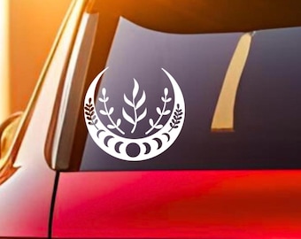Green Witch Moon Decal: Crescent Moon with Plants - Weatherproof Vinyl
