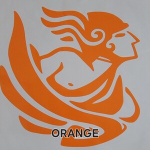 Puede incluir: Gr&aacute;fico naranja de una figura con cabello suelto y casco, sobre un fondo blanco. La palabra "ORANGE" est&aacute; impresa en blanco en la parte inferior de la imagen. Ilustraci&oacute;n estilizada.