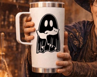 Ghost Holding Cat Decal – Spooky Friends Vinyl Sticker