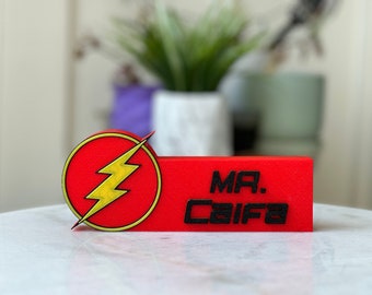 Flash Comic book Superhero Sign Teacher Desk Name Plate Classroom Decor Personalized Gift for Boys Boyfriend Dad Kids Room