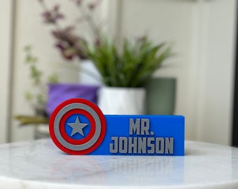 America Comic book Superhero Sign Teacher Desk Name Plate Classroom Decor Personalized Gift for Boys Boyfriend Dad Kids Room