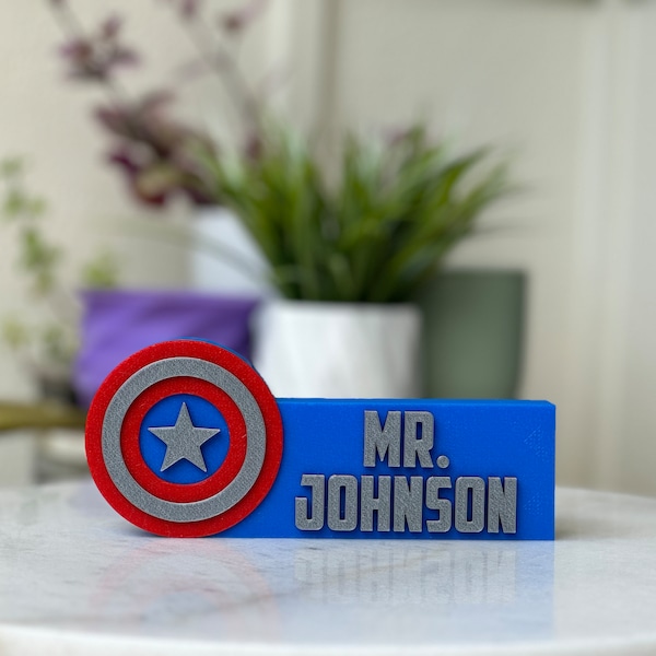 America Comic book Superhero Sign Teacher Desk Name Plate Classroom Decor Personalized Gift for Boys Boyfriend Dad Kids Room