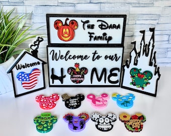 Interchangeable Welcome Sign Seasonal Home Decor with Last Name Personalized Name Sign for Desk Mouse Ears Housewarming Gift Shelf Sitter