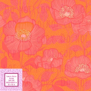 May include: Seamless digital pattern featuring large, stylized coral-colored flowers with white centers and orange backgrounds. The floral design includes leaves and a dotted texture. The pattern is 12 x 12 inches.