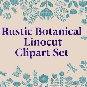 Puede incluir: Un conjunto de imágenes prediseñadas digitales con un tema botánico rústico. La imagen presenta un fondo beige con ilustraciones florales e insectos turquesa en los bordes. El texto "Rustic Botanical Linocut Clipart Set" es de color morado oscuro.