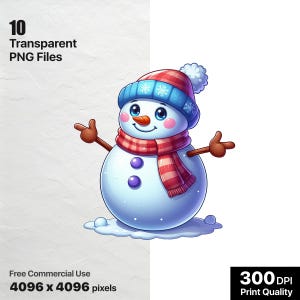 May include: A cartoon snowman wearing a red and white striped scarf and a blue hat with white snowflakes. The snowman is smiling and has two small black buttons for eyes and a carrot nose.