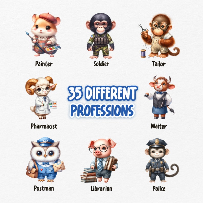 Professions Animals Cute Animals Occupations, Cute Animals Clipart, Watercolor Cute Animals ...