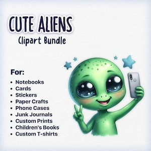 Puede incluir: Un extraterrestre verde con ojos grandes y una sonrisa de dientes toma una selfie con un tel&eacute;fono inteligente. El extraterrestre est&aacute; haciendo un signo de paz y est&aacute; rodeado de estrellas. El texto "CUTE ALIENS Clipart Bundle" est&aacute; en la parte superior de la imagen. El texto "For:" va seguido de una lista de usos para el clipart, que incluyen cuadernos, tarjetas, pegatinas, manualidades de papel, fundas de tel&eacute;fono, diarios de chatarra, impresiones personalizadas, libros para ni&ntilde;os y camisetas personalizadas.