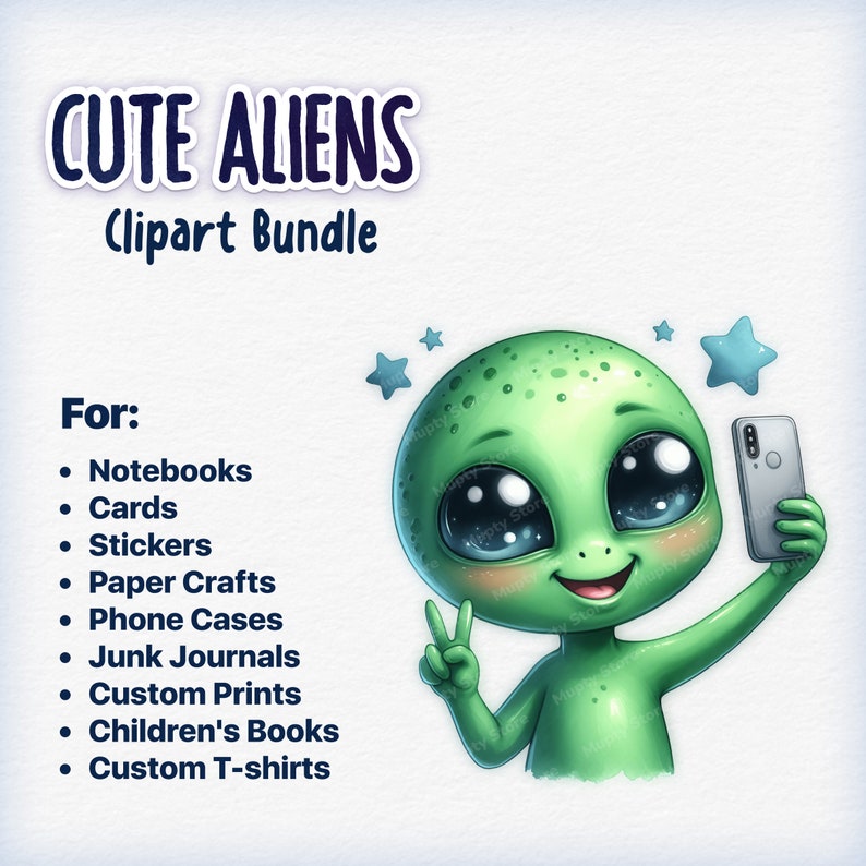 Puede incluir: Un extraterrestre verde con ojos grandes y una sonrisa de dientes toma una selfie con un tel&eacute;fono inteligente. El extraterrestre est&aacute; haciendo un signo de paz y est&aacute; rodeado de estrellas. El texto "CUTE ALIENS Clipart Bundle" est&aacute; en la parte superior de la imagen. El texto "For:" va seguido de una lista de usos para el clipart, que incluyen cuadernos, tarjetas, pegatinas, manualidades de papel, fundas de tel&eacute;fono, diarios de chatarra, impresiones personalizadas, libros para ni&ntilde;os y camisetas personalizadas.