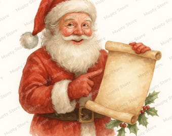 Santa Holding Scroll, Christmas Card Art, Watercolor Christmas Santa Illustrations, Festive Holiday Art, Santa Claus Clipart, Xmas Decor