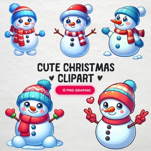 May include: A set of 10 digital clipart images featuring cute cartoon snowmen wearing winter hats and scarves. The snowmen are in various poses, including standing, sitting, and waving. The images are perfect for adding a festive touch to your holiday projects.