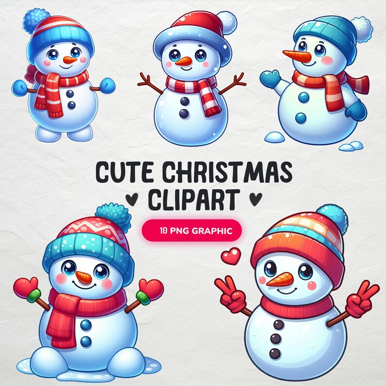 May include: A set of 10 digital clipart images featuring cute cartoon snowmen wearing winter hats and scarves. The snowmen are in various poses, including standing, sitting, and waving. The images are perfect for adding a festive touch to your holiday projects.