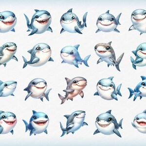 Puede incluir: Una colecci&oacute;n de 20 ilustraciones de tiburones de dibujos animados. Los tiburones sonr&iacute;en todos y tienen aletas y manchas de diferentes colores. Todos miran hacia adelante y tienen un fondo blanco.