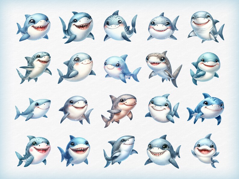 Puede incluir: Una colecci&oacute;n de 20 ilustraciones de tiburones de dibujos animados. Los tiburones sonr&iacute;en todos y tienen aletas y manchas de diferentes colores. Todos miran hacia adelante y tienen un fondo blanco.
