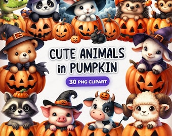 Cute Animals & Halloween Pumpkin Clip Art, Watercolor Halloween Clipart, Baby Animals in Pumpkin, Cute Halloween Clipart, Halloween Animals
