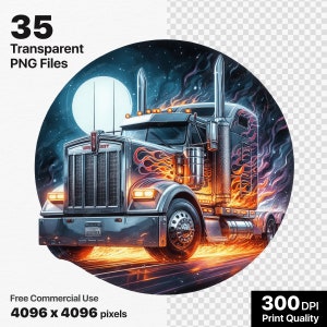 May include: A silver semi-truck with flames painted on the side, driving on a road with a full moon in the background. The truck has a black grill and headlights, and the flames are orange, red, and yellow.