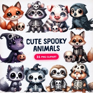 Cute Spooky Animals Clip Art, Halloween Animals, Cute Animals Clipart, Watercolor Halloween Clipart, Cute Halloween Clipart, Baby Animals