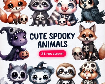 Cute Spooky Animals Clip Art, Halloween Animals, Cute Animals Clipart, Watercolor Halloween Clipart, Cute Halloween Clipart, Baby Animals