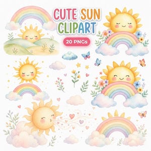 May include: A collection of watercolour clipart featuring smiling suns, rainbows, clouds, butterflies, and flowers. The text "CUTE SUN CLIPART" is displayed above the words "20 PNGs". The illustrations are in soft pastel colours.