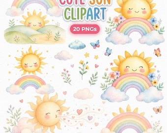 20 imágenes prediseñadas de sol y arcoíris, imágenes prediseñadas de sol, imágenes prediseñadas de arcoíris, arcoíris para guardería infantil, arte para baby shower, sol feliz
