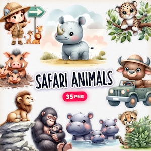 Clipart animaux de safari, 35 animaux de safari mignons PNG, aquarelle animaux mignons, clipart animaux de la jungle, impressions d'animaux de safari, bébés animaux PNG