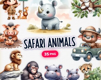Safaridjur Clipart, 35 söta safaridjur PNG, akvarell söta djur, djungeldjur Clipart, safaridjurtryck, djurungar PNG