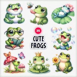 Op de afbeelding: Een set van 35 schattige kikkerillustraties. De kikkers worden afgebeeld in verschillende poses en omgevingen, waaronder het lezen van een boek, het blazen van bellen, zitten op een waterlelie en het vasthouden van een zonnebloem. De illustraties zijn in cartoon-stijl en hebben felle kleuren.