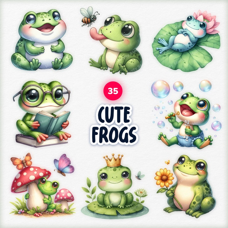 Op de afbeelding: Een set van 35 schattige kikkerillustraties. De kikkers worden afgebeeld in verschillende poses en omgevingen, waaronder het lezen van een boek, het blazen van bellen, zitten op een waterlelie en het vasthouden van een zonnebloem. De illustraties zijn in cartoon-stijl en hebben felle kleuren.