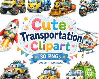 30 imágenes prediseñadas PNG de transporte adorables, paquete de vehículos para niños, autos, camiones, aviones, trenes, ilustraciones de vehículos en acuarela, PNG para guardería y bebés