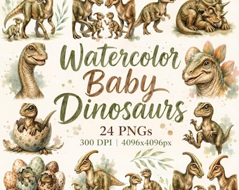 Imágenes prediseñadas de dinosaurios adorables en acuarela, decoración para guardería, huevo de dinosaurio, imágenes PNG para baby shower, dinosaurio bebé PNG, imágenes prediseñadas de dinosaurios, descarga digital