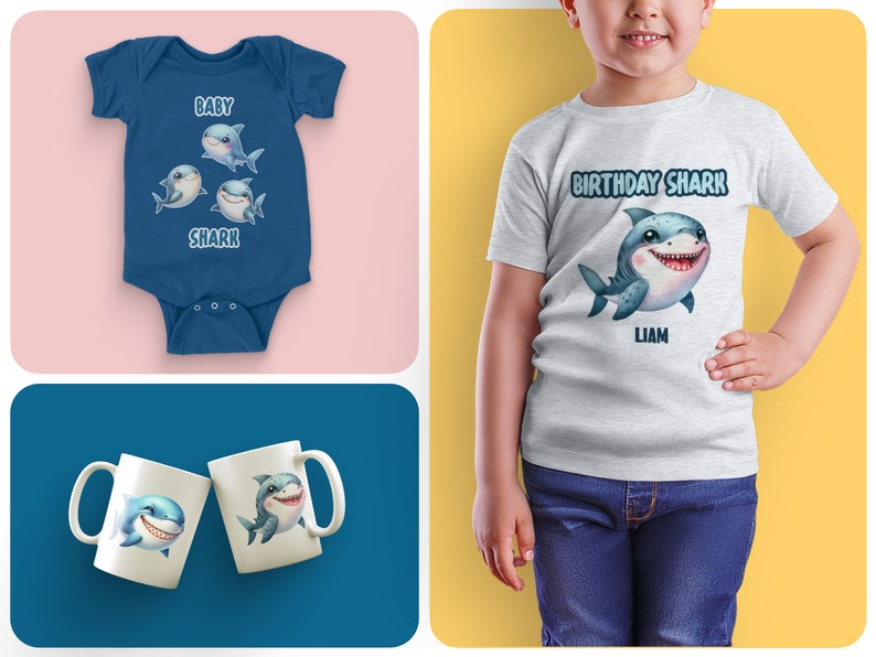 Puede incluir: Un conjunto de tres productos con tem&aacute;tica de tibur&oacute;n: un body de beb&eacute; azul con tres tiburones de dibujos animados y el texto "Baby Shark", una camiseta gris con un tibur&oacute;n de dibujos animados y el texto "Birthday Shark Liam", y dos tazas blancas con un tibur&oacute;n de dibujos animados.