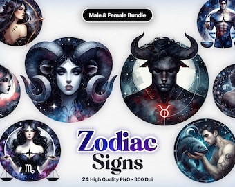 Astrologische Cliparts, Sternzeichen Clipart, weibliche & männliche Sternzeichen, Aquarell Sternzeichen, Horoskop, astrologisches Aquarell png, himmlisch