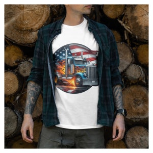 May include: White t-shirt with a graphic of a blue and red semi-truck with flames and an American flag.