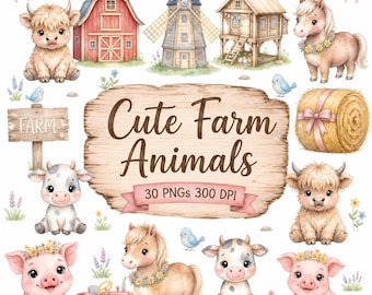Imágenes prediseñadas de granja adorables, animales de granja PNG, imágenes prediseñadas de acuarela, tractor, guardería, crías de animales de granja, vaca de las Tierras Altas, descarga digital, uso comercial