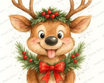 15 divertidos renos navideños PNG, arte humorístico de renos navideños, lindas ilustraciones festivas, acuarela navideña