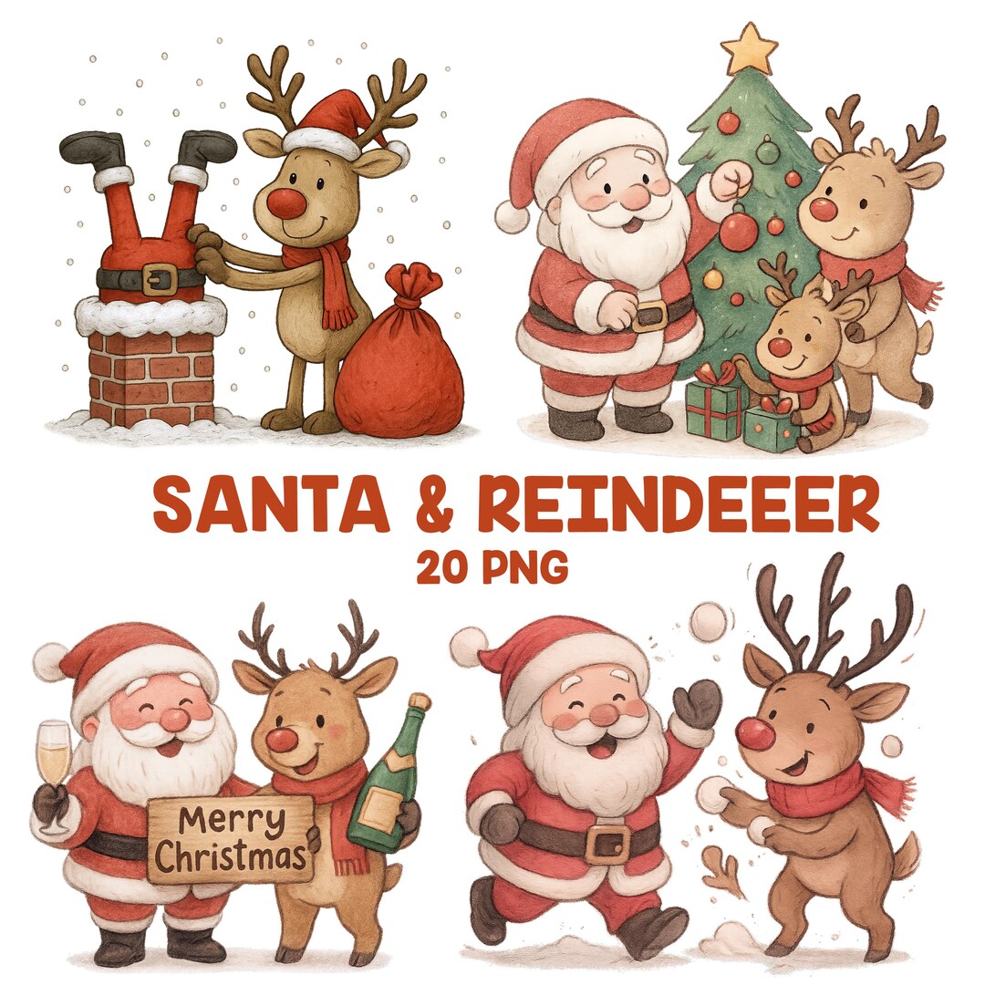 Santa and Reindeer Watercolor Clipart, Christmas Illustrations (20 PNG ...