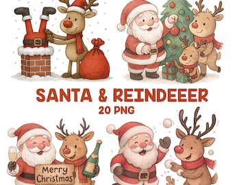 Clipart de acuarela de Papá Noel y reno, ilustraciones navideñas (20 PNG)