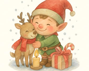 Clipart de duende navideño en acuarela, PNG festivo (descarga digital)
