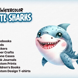 Puede incluir: Ilustraci&oacute;n de acuarela de un lindo tibur&oacute;n azul y blanco con una gran sonrisa. El tibur&oacute;n es perfecto para usar en cuadernos, tarjetas, pegatinas, manualidades de papel, fundas de tel&eacute;fono, diarios de chatarra, impresiones personalizadas, libros para ni&ntilde;os y camisetas de dise&ntilde;o personalizado.